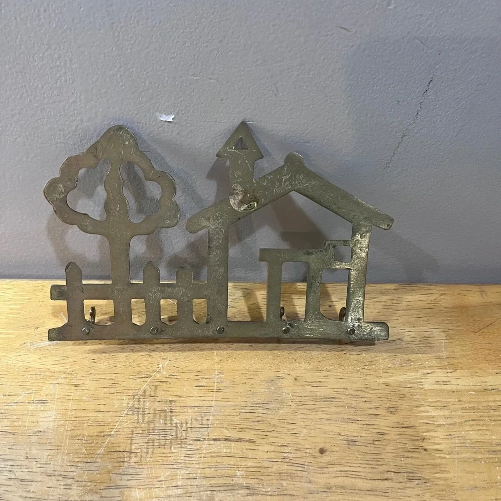 Vtg Solid Brass House Picket Fence Tree Wall Key Rack Hook Organizer 7.75in